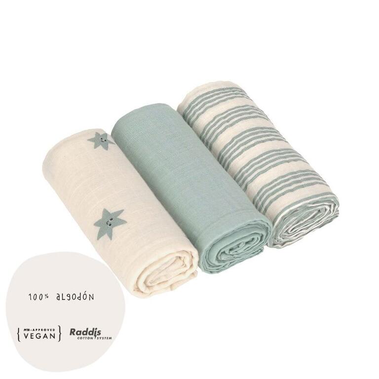 PACK 3 MUSELINAS TINY TEAM GREEN 60 x 60CM