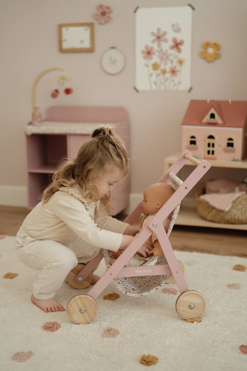 SILLA/CARRITO DE MADERA ROSA PARA MUÑECAS - Imagen 3