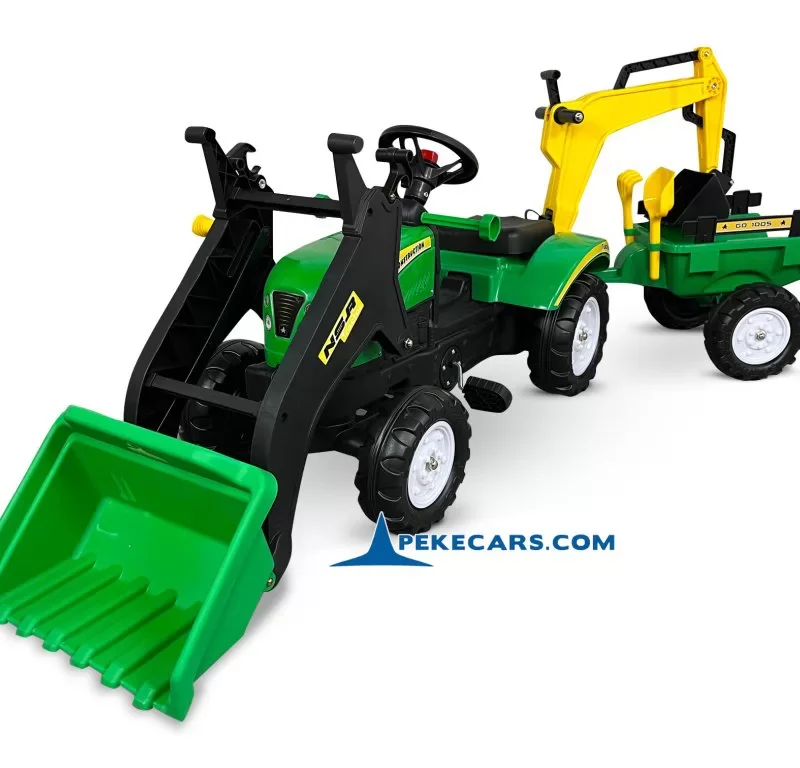 TRACTOR A PEDALES VERDE CON PALA DELANTERA , RETRO Y REMOLQUE