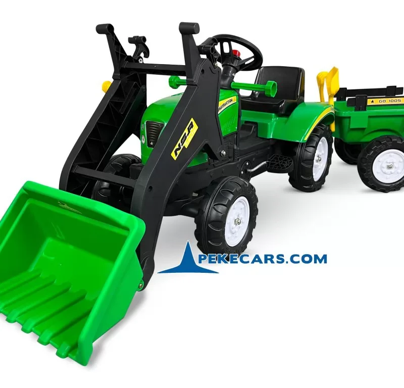 TRACTOR A PEDALES VERDE CON REMOLQUE Y PALA DELANTERA