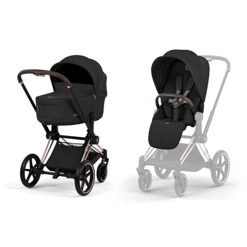 PACK PRIAM SEPIA BLACK (CHASIS ROSEGOLD/BROWN+SEAT PACK+CAPAZO PLEGABLE)