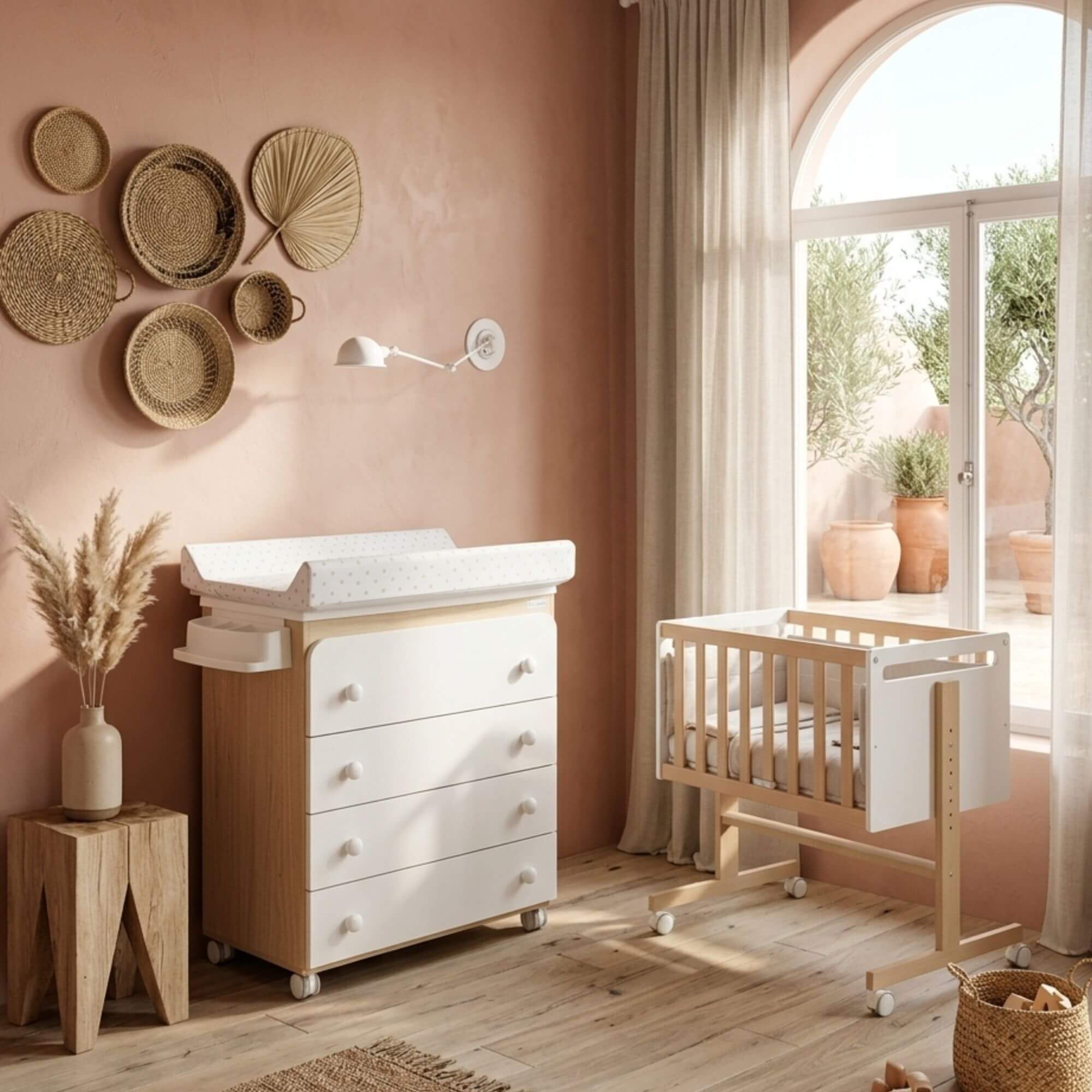 MUEBLE BAÑERA MADERA/BLANCO CON CAMBIADOR LUNARES BEIGE - Imagen 2